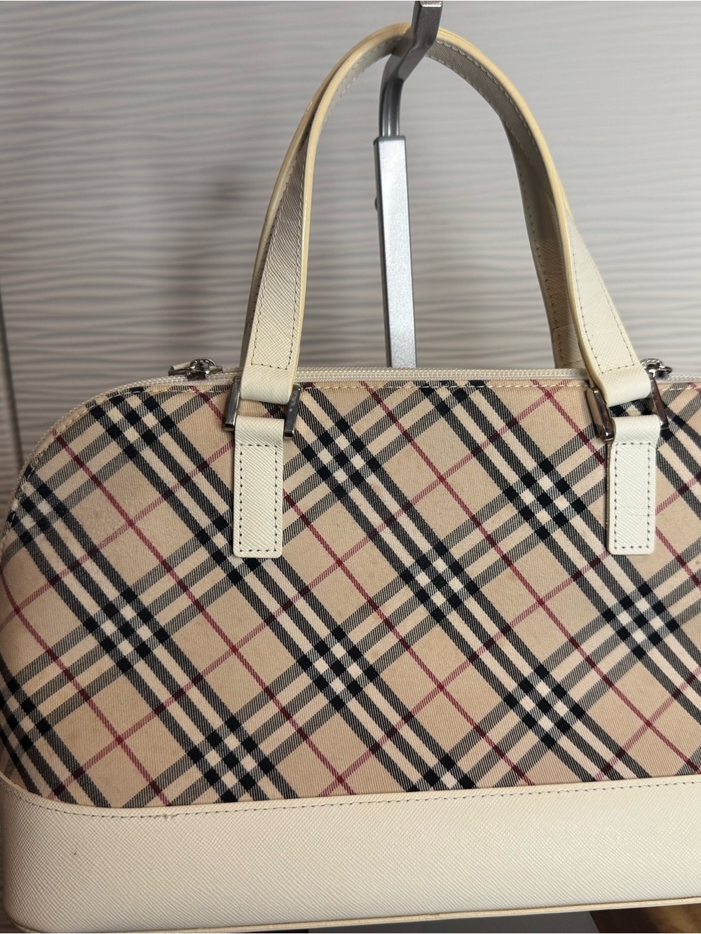 Beige Check Satchel with Cream Leather Trim - Picture 4 of 16